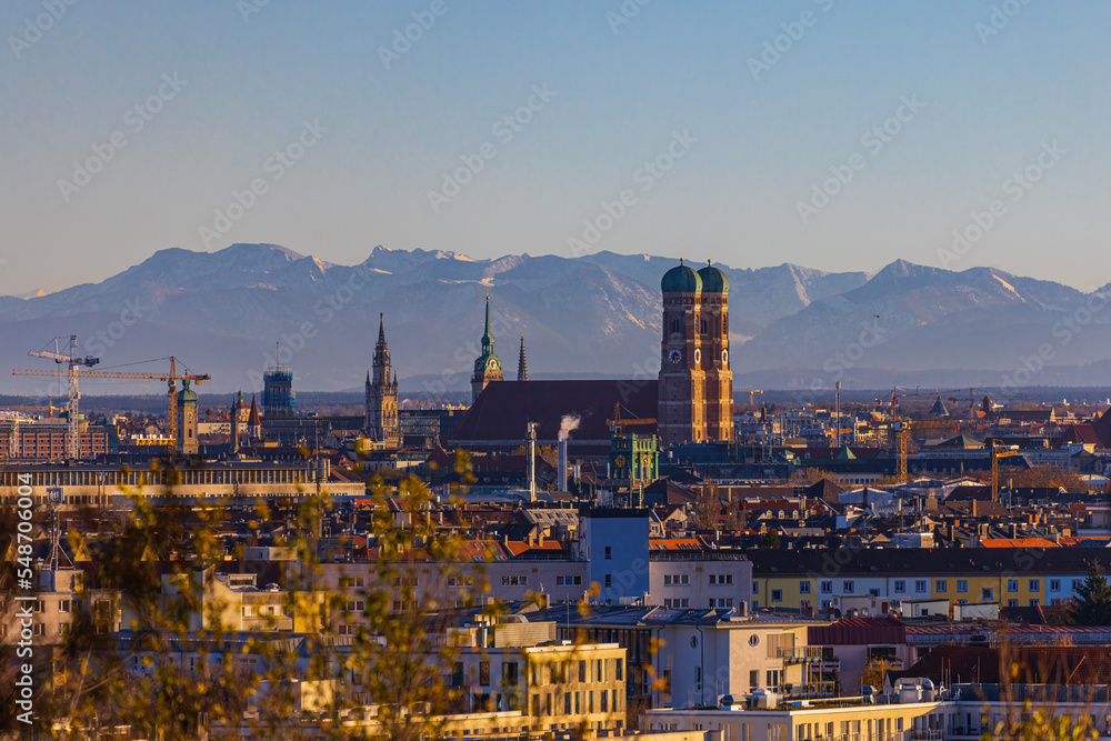 Munich skyline Frauenkirche with the alps in the background