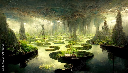 Surreal room with water liiy garden ponds on the floor and forest clouds inside climate change environment concept. photo