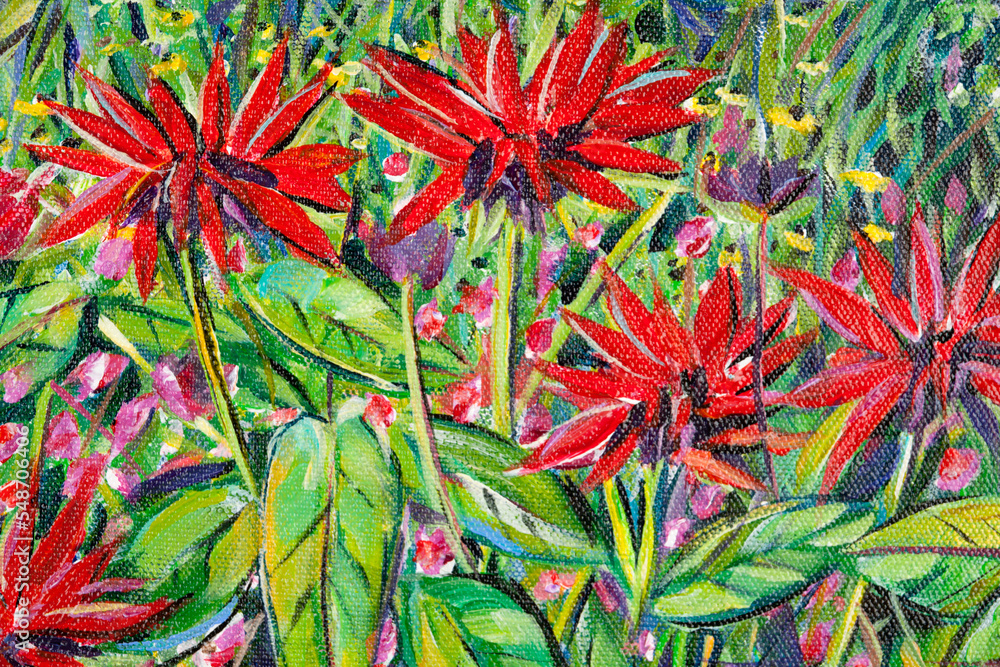 Fototapeta premium Vibrant multi-colored original acrylic painting close up detail showing brushwork and canvas textures.
