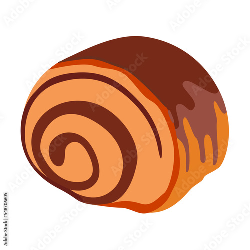 Bun with poppy seeds. Chocolate dessert, sweet food. Vector illustration of choco delicious product in cafe menu isolated on white