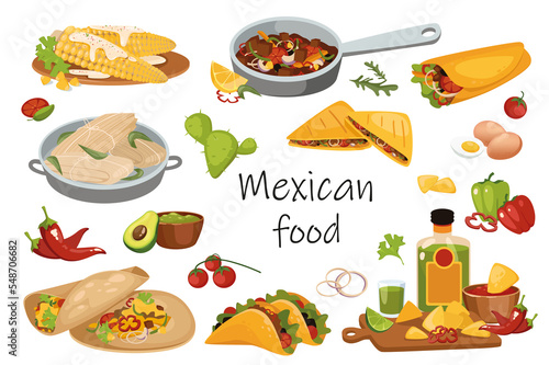 Mexican food elements isolated set. Bundle of traditional meals - burrito  tacos  guacamole  meat and vegetable dishes or ingredients  tequila and other. Illustration in flat cartoon design