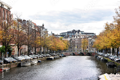 Amsterdam canal in autumn, photo from the bridge