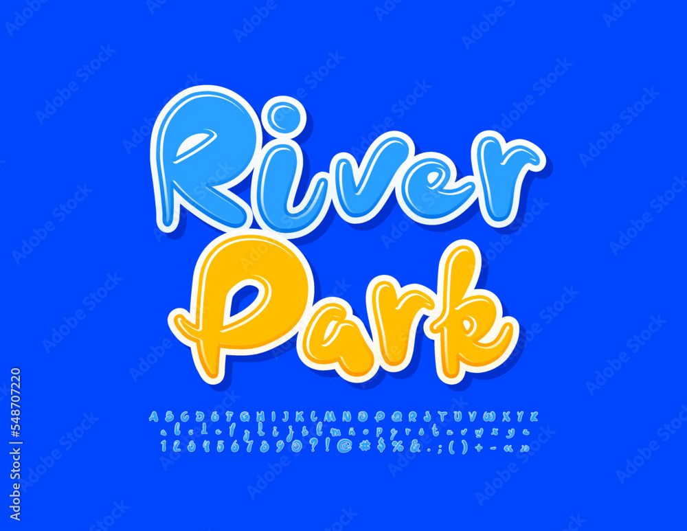 Vector funny sign River Park. Blue Glossy Font. Playful handwritten Alphabet Letters and Numbers set