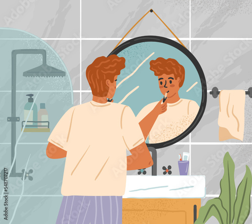 Male skin care and cosmetics concept vector poster. Man applying colorless lipstick while standing in front of mirror in bathroom. Male cosmetics, skincare and beauty treatment