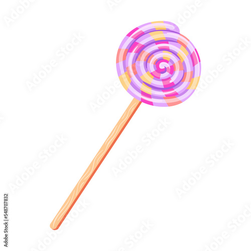 Cute lollipop twisted into spiral, birthday party element vector illustration. Cake, cupcakes, confetti, balloon, gifts for kids isolated on white