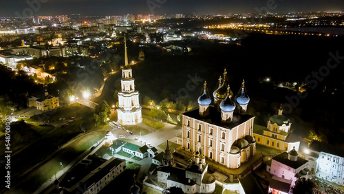 Ryazan, Russia. Night flight. Ryazan Kremlin - The oldest part of the city of Ryazan. Cathedral of the Assumption of the Blessed Virgin Mary, Aerial View