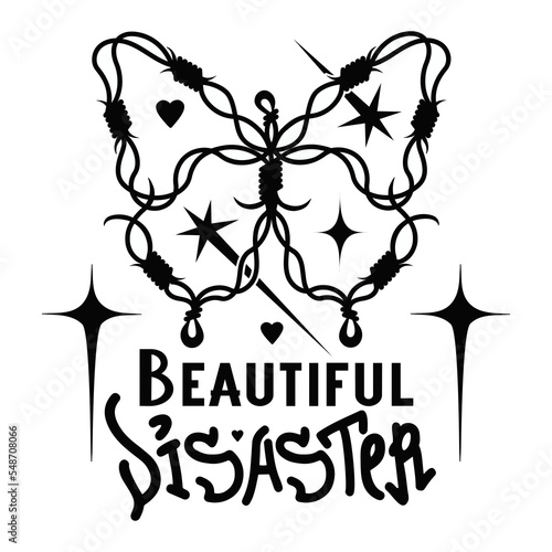 Black and white silhouette. Barbed gothic wire butterfly with slogan, phrase: " Beautiful disaster" . Y2K goth print, sticker. Weird glamour psychedelic style. 1990s, 2000s vector hand drawn graphic