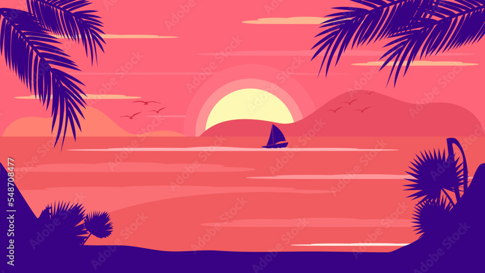 Sea in evening sunlight over beautiful mountains background. summer vacation adventure vector