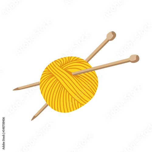 Ball of yarn and knitting needles. Vector illustration of knitting, needlework, craft hobby isolated on white background
