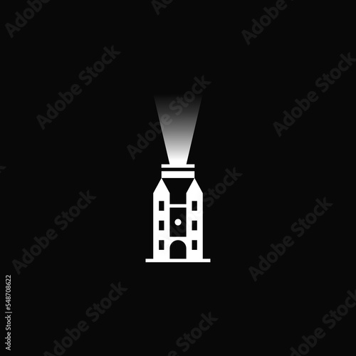 Building combination with flashlight, negative space. Logo design.