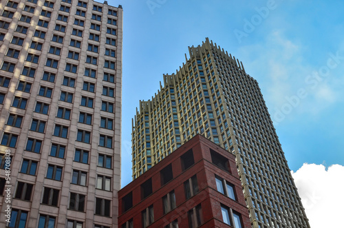 Exterior of beautiful buildings against blue sky, low angle view