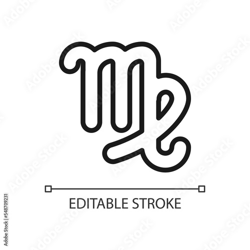 Virgo pixel perfect linear icon. Earth sign of zodiacal constellations. Astrological maiden. Thin line illustration. Contour symbol. Vector outline drawing. Editable stroke. Arial font used