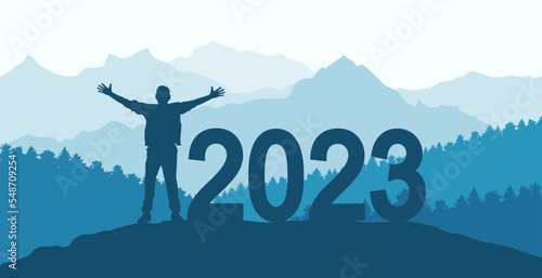 Concept of freedom in 2023 year. Happy man stand on peak of mountain on background of beautiful forest and mountains. Silhouette. Vector illustration
