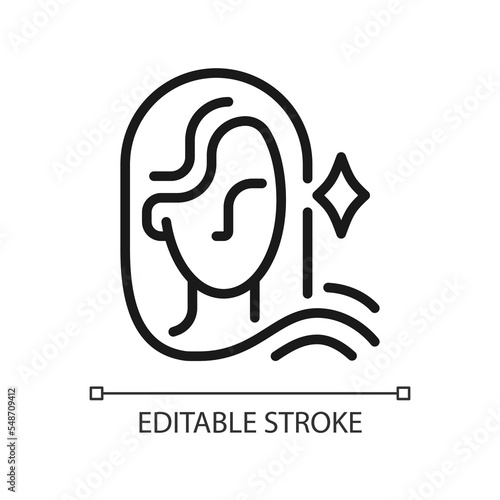 Maiden pixel perfect linear icon. Astrological sign in western zodiac system. Young woman portrait. Thin line illustration. Contour symbol. Vector outline drawing. Editable stroke. Arial font used