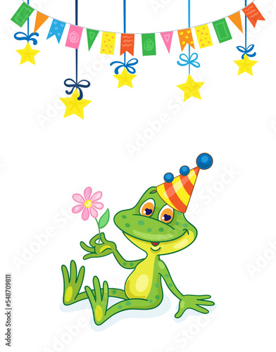 Happy birthday! Small funny frog in a festive hat sits with a flower in his hand. Golden stars and flags around. In cartoon style. Isolated on white background. Vector illustration