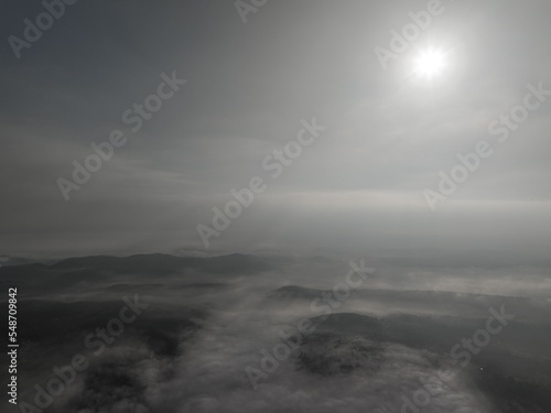 Aerial drone footage of misty fog blowing over pine tree forest on a beautiful morning. Aerial footage of spruce forest trees on the mountain hills. Copy space natural background. 