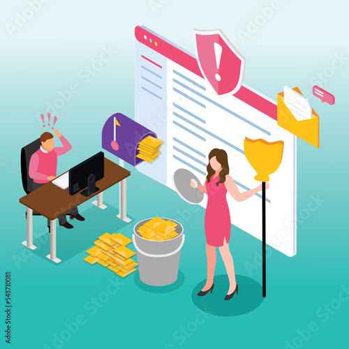 Man and woman deleting email and documents with cleansing software isometric 3d vector illustration concept for banner, website, illustration, landing page, flyer, etc.