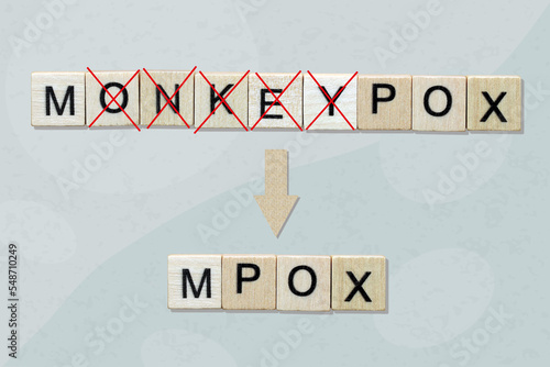 Renaming the disease monkeypox to MPOX. The letters are crossed out with a red cross. The monkeypox virus is laid out with wooden cubes. photo