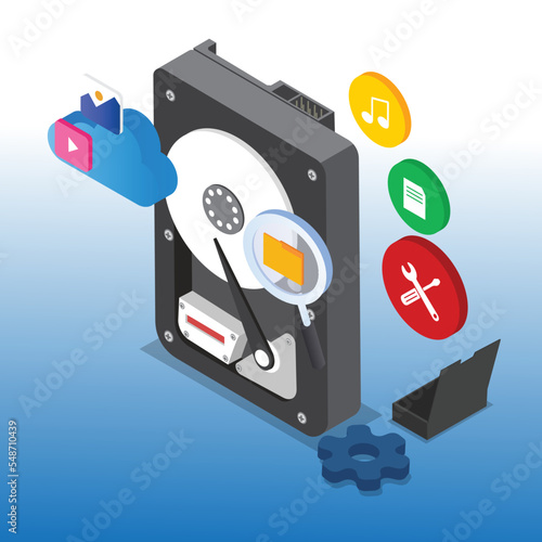 Computer Hard Disk, Cloud Storage, Multimedia Files isometric 3d vector illustration concept for banner, website, illustration, landing page, flyer, etc.