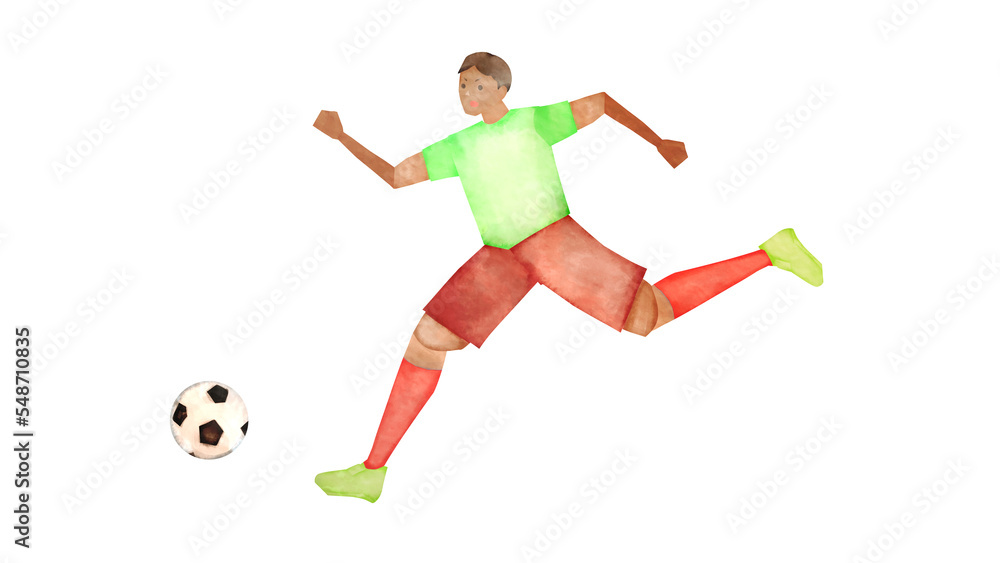 サッカーをする黒人男性の水彩風背景透過イラスト