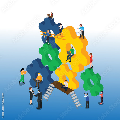 Business people team with gears isometric 3d vector illustration concept for banner, website, illustration, landing page, flyer, etc.