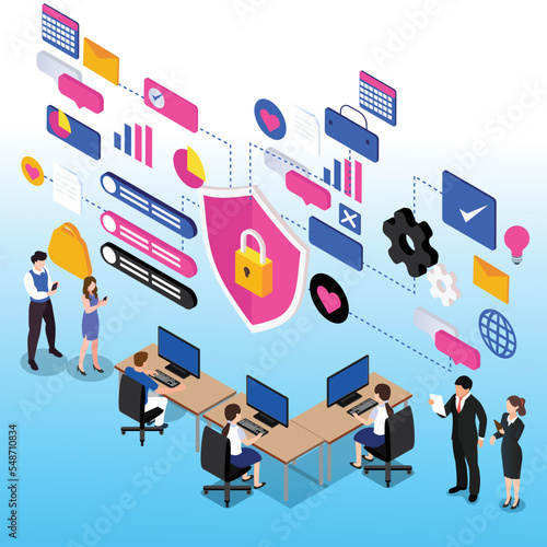 Social media strategist monitoring data and security isometric 3d vector illustration concept for banner, website, illustration, landing page, flyer, etc.