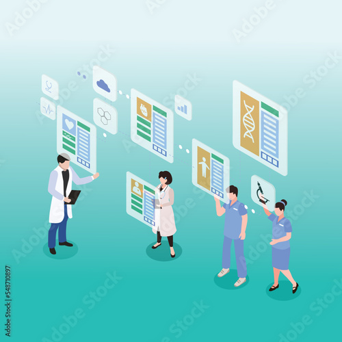 Doctors checking electronic medical records isometric 3d vector illustration concept for banner, website, illustration, landing page, flyer, etc.