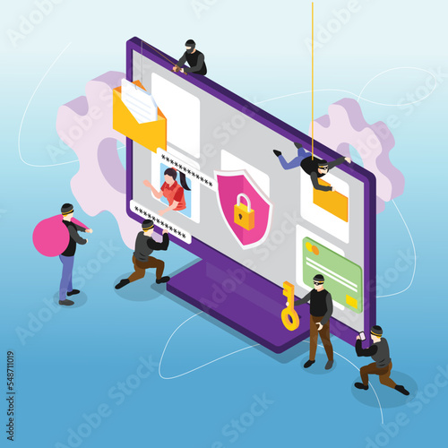 Password Phishing, Hacker Attack stealing personal data isometric 3d vector illustration concept for banner, website, illustration, landing page, flyer, etc.