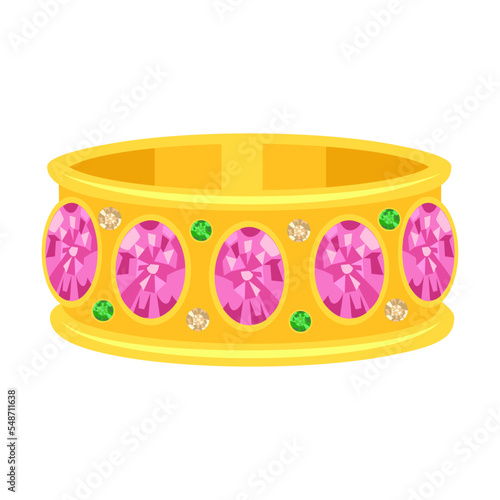 Cartoon gold jewelry with ruby stone. Vector illustration of golden accessories with precious stones or pearls isolated on white