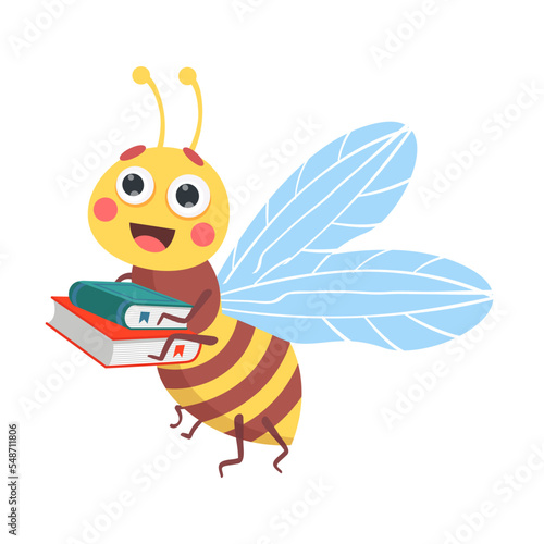 Cute animal, striped bee reading book cartoon illustration. Smart character holding textbook isolated on white background