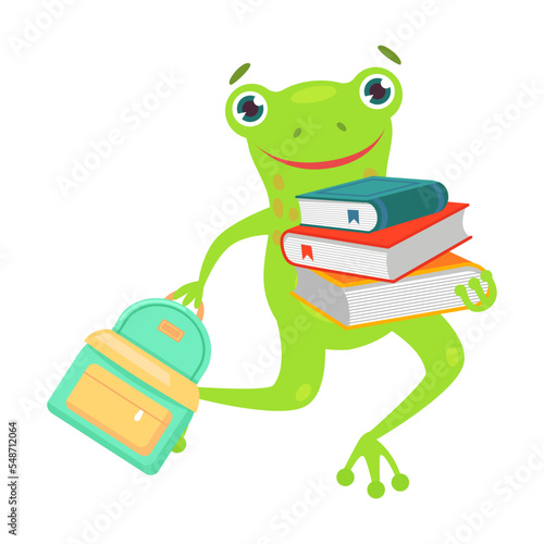 Cheerful frog with a schoolbag. Cute animal character studying cartoon illustration isolated on white background. Education, school concept