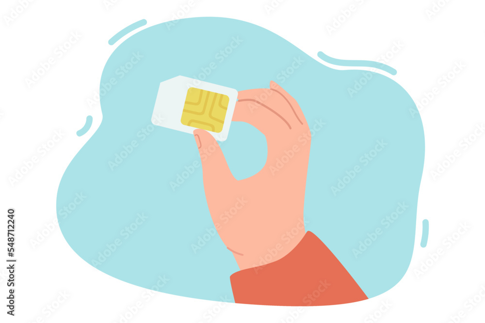 SIM card in human hand flat vector illustration. Communication, mobile service, connection, network, technology concept for banner, website design or landing web page SIM card in human hand flat vector illustration. Communication, mobile service, connection, network, technology concept for banner, website design or landing web page