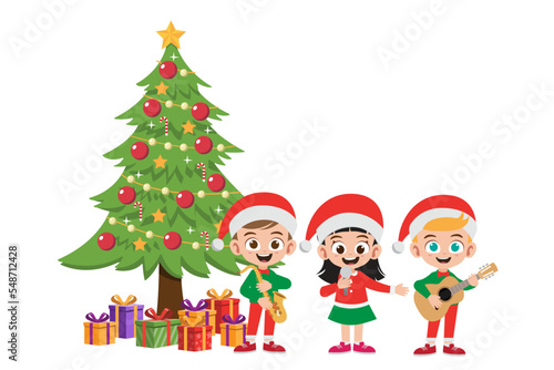 Happy kids in Christmas costumes sing musical in front of Christmas tree vector illustration © Faisal