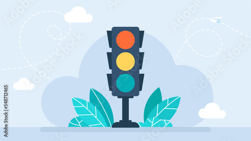 Traffic light. Black traffic lights with all three colors on. Red, orange (yellow) and green  (yes, no and wait). Concept of rule, permission, prohibition, restriction. Flat vector illustration