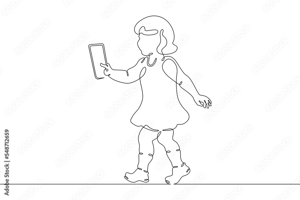 One continuous line. The kid is playing with the phone. The child is holding a smartphone. Baby. One continuous line on a white background.