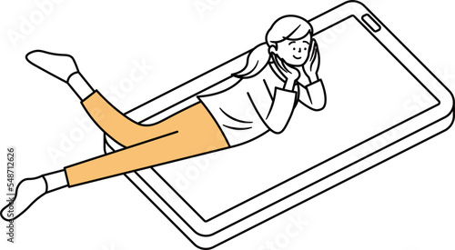 大きなスマートフォンの上で寝転がるアジア人女性のイラスト素材