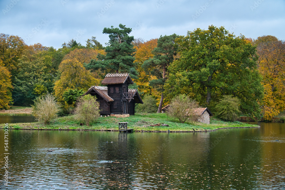 Frederiksborg castle park lake with island on which the wood Louises stands. Frederiksborg castle park lake with island on which the wood Louises stands.
