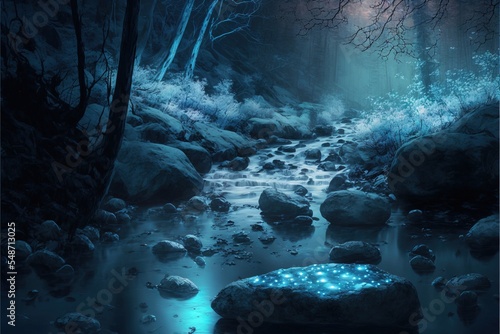 Glowing river in the forest. Fantasy scenery. concept art.