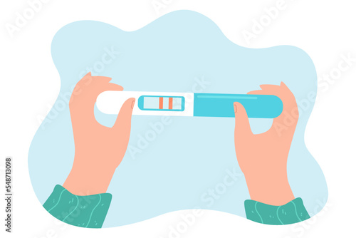 Positive pregnancy test in womans hands flat vector illustration. Female hand holding test with two stripes. Fertility, motherhood, baby planning concept for banner, website design or landing web page