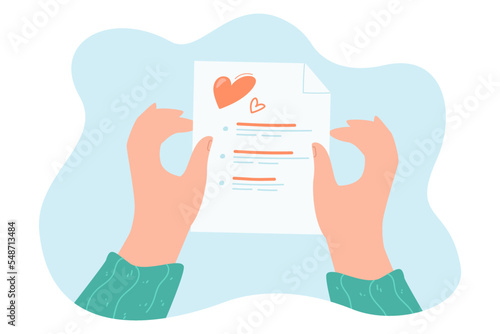 Love letter in human hands flat vector illustration. Person receiving letter form friend or partner. Communication, romance concept for banner, website design or landing web page