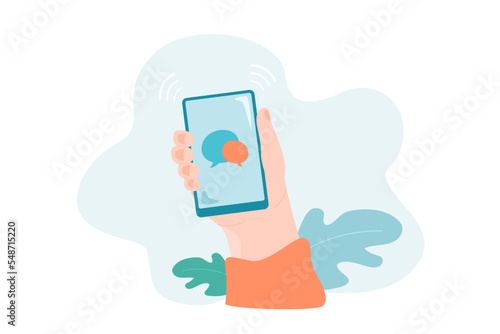 Speech bubbles on phone screen flat vector illustration. Person receiving notification of new message. Communication, social networks, chatting concept for banner, website design or landing web page