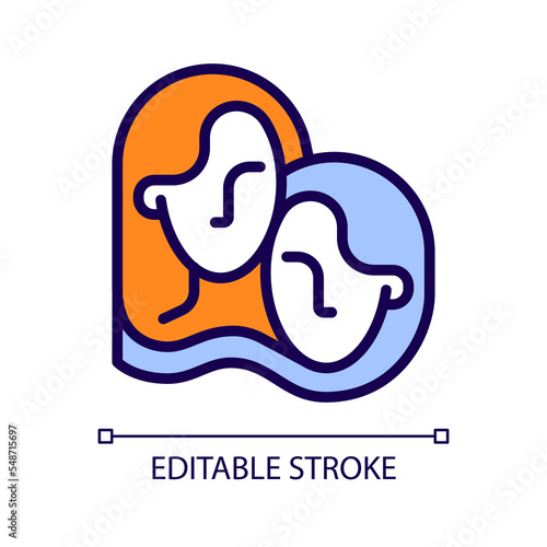 Twins pixel perfect RGB color icon. Constellation sign. Element of modern zodiac system. Two similar girls. Isolated vector illustration. Simple filled line drawing. Editable stroke. Arial font used