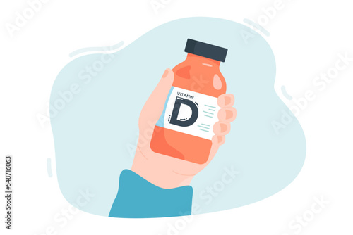 Bottle of vitamin D in human hands flat vector illustration. Biologically active or nutritional supplements. Health, medicine, treatment concept for banner, website design or landing web page