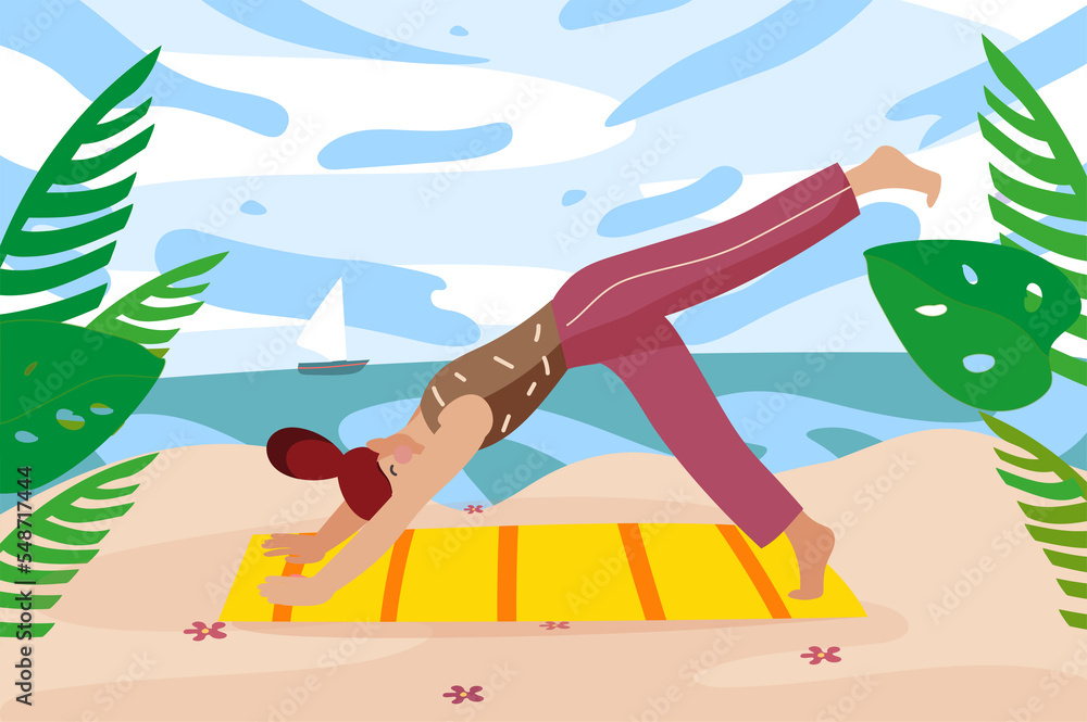 Woman practicing yoga in seacoast background. Young girl doing asanas on mat on sea beach. Physical activity outdoors. Nature scenery at seaside resort. Illustration in flat cartoon design