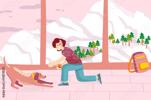 Happy girl playing with dog on at home with nature background. Schoolgirl has fun and trains with pet by huge window with mountains and fir forest view. Illustration in flat cartoon design