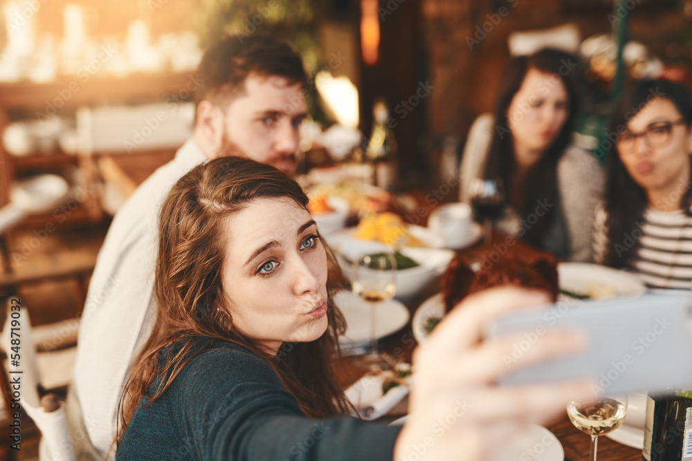 Selfie, restaurant and dinner of people at party for celebration, holiday or thanksgiving and friends. Fine dining, food and influencer friends in smartphone photography for social event lifestyle