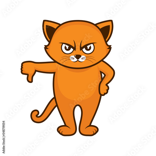 Cat with thumbs down icon vector. Funny grumpy red cat icon vector isolated on a white background. Disapproval cat cartoon character. Dislike cat drawing