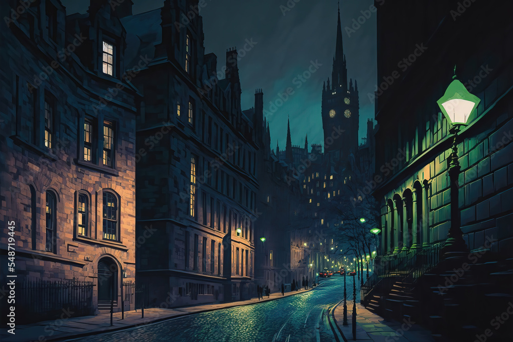 AI generated image of Victoria Street in Edinburgh at night  