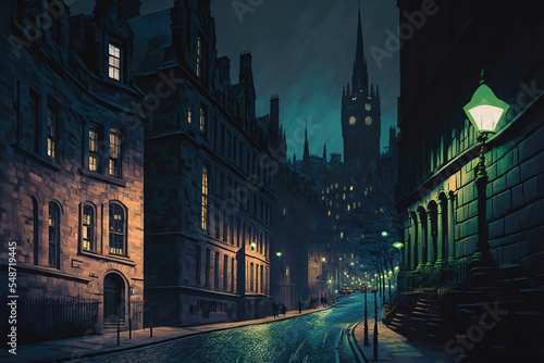 AI generated image of Victoria Street in Edinburgh at night 