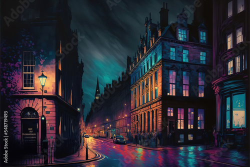 AI generated image of Victoria Street in Edinburgh at night   photo